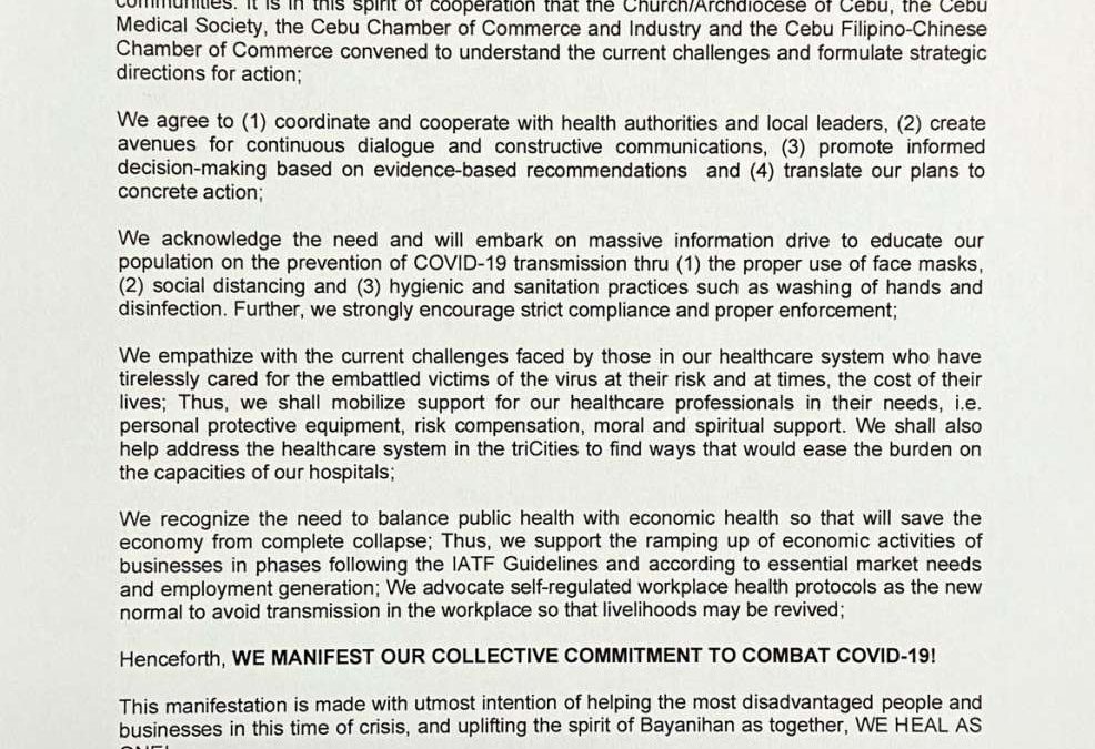 Joint Manifesto of the Church/Archdiocese of Cebu, The Cebu Medical Society, CCCI, and the CFCCC on a United Battle to Fight the COVID-9 Pandemic
