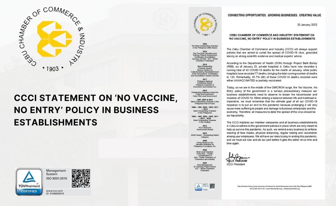 CEBU CHAMBER OF COMMERCE AND INDUSTRY STATEMENT ON ‘NO VACCINE, NO ENTRY’ POLICY IN BUSINESS ESTABLISHMENTS
